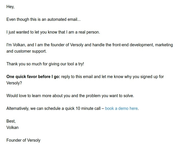 SaaS Plain Text Emails: Screenshot of Versoly's plain text email