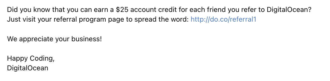 SaaS Referral Emails: Screenshot of DigitalOcean's referral snippet