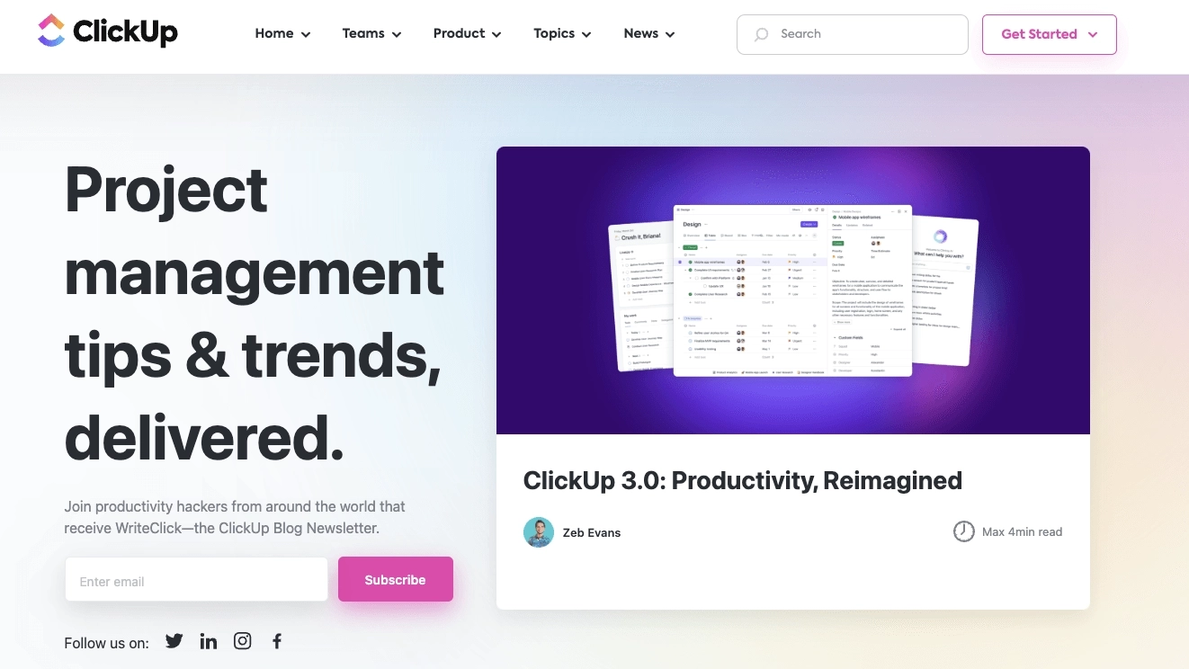 SaaS Relationship Marketing: Screenshot of ClickUp's newsletter sign up page