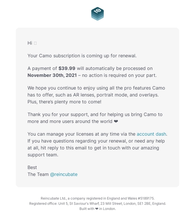 SaaS Renewal Email Examples: Camo's renewal email