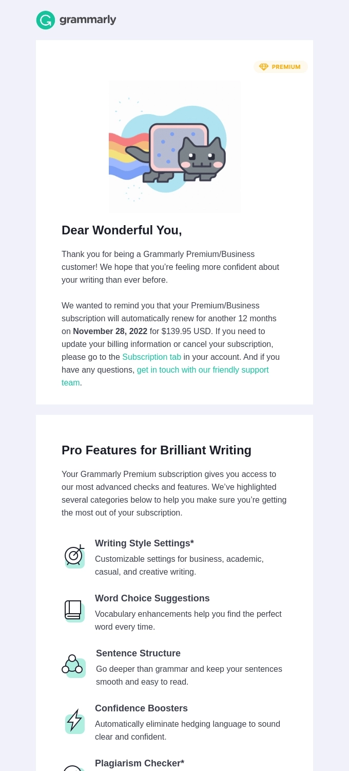 SaaS Renewal Email Examples: Grammarly's renewal email