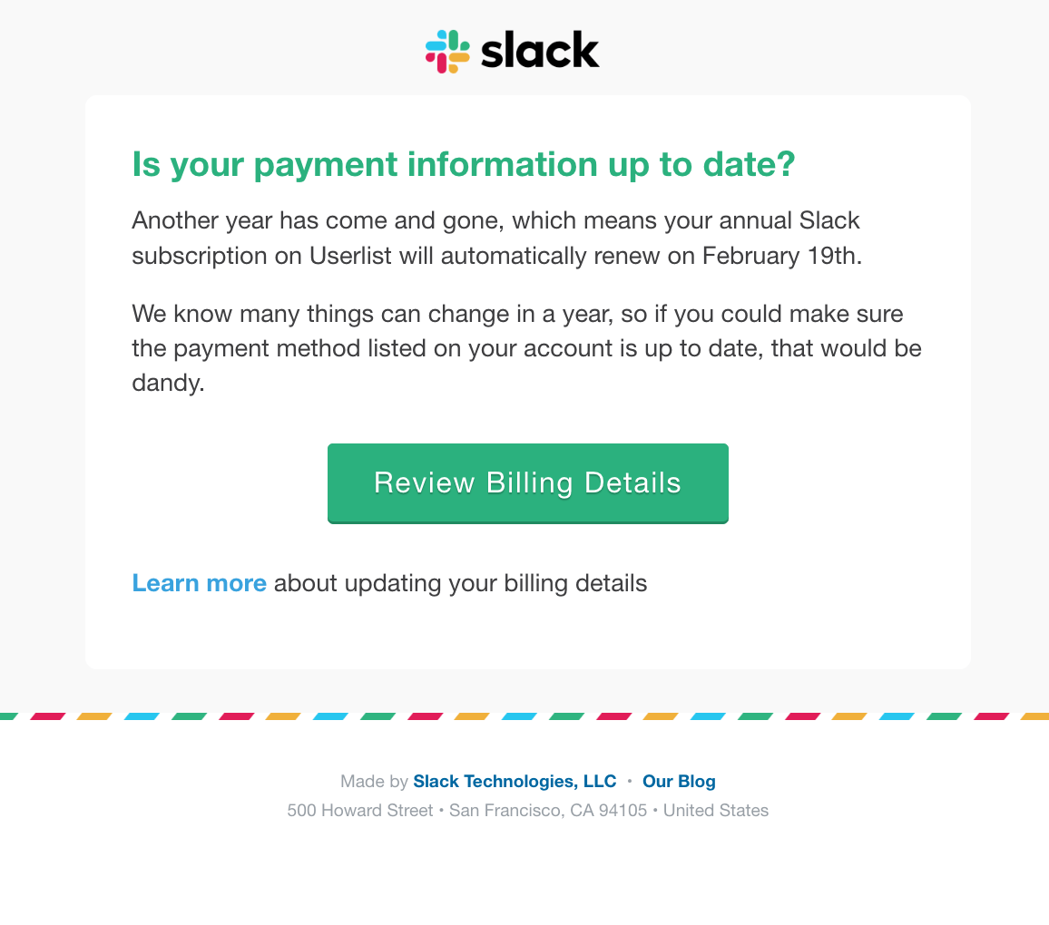 SaaS Renewal Email Examples: Slack's renewal email