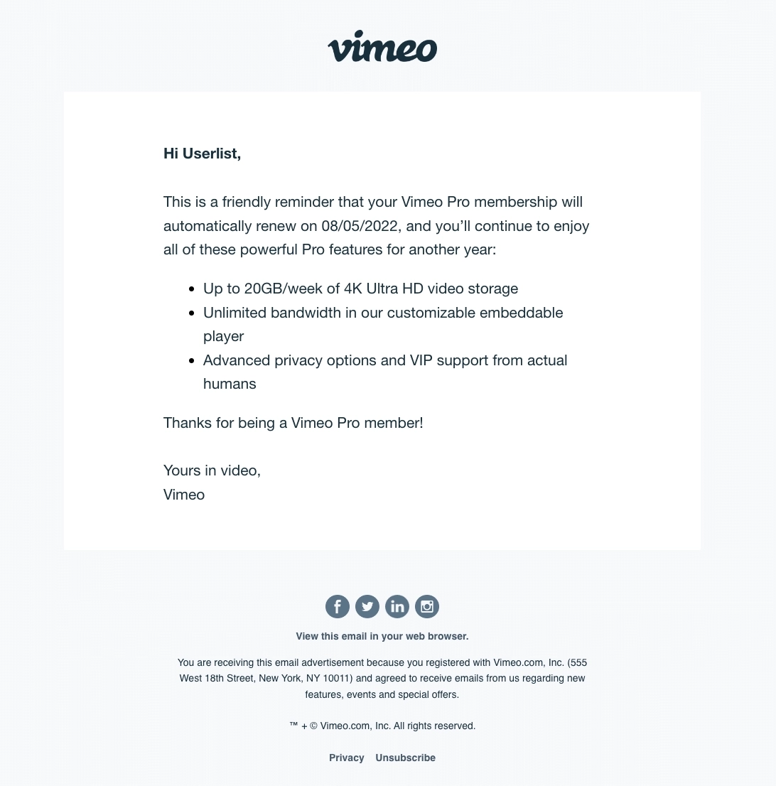 SaaS Renewal Email Examples: Vimeo's renewal email
