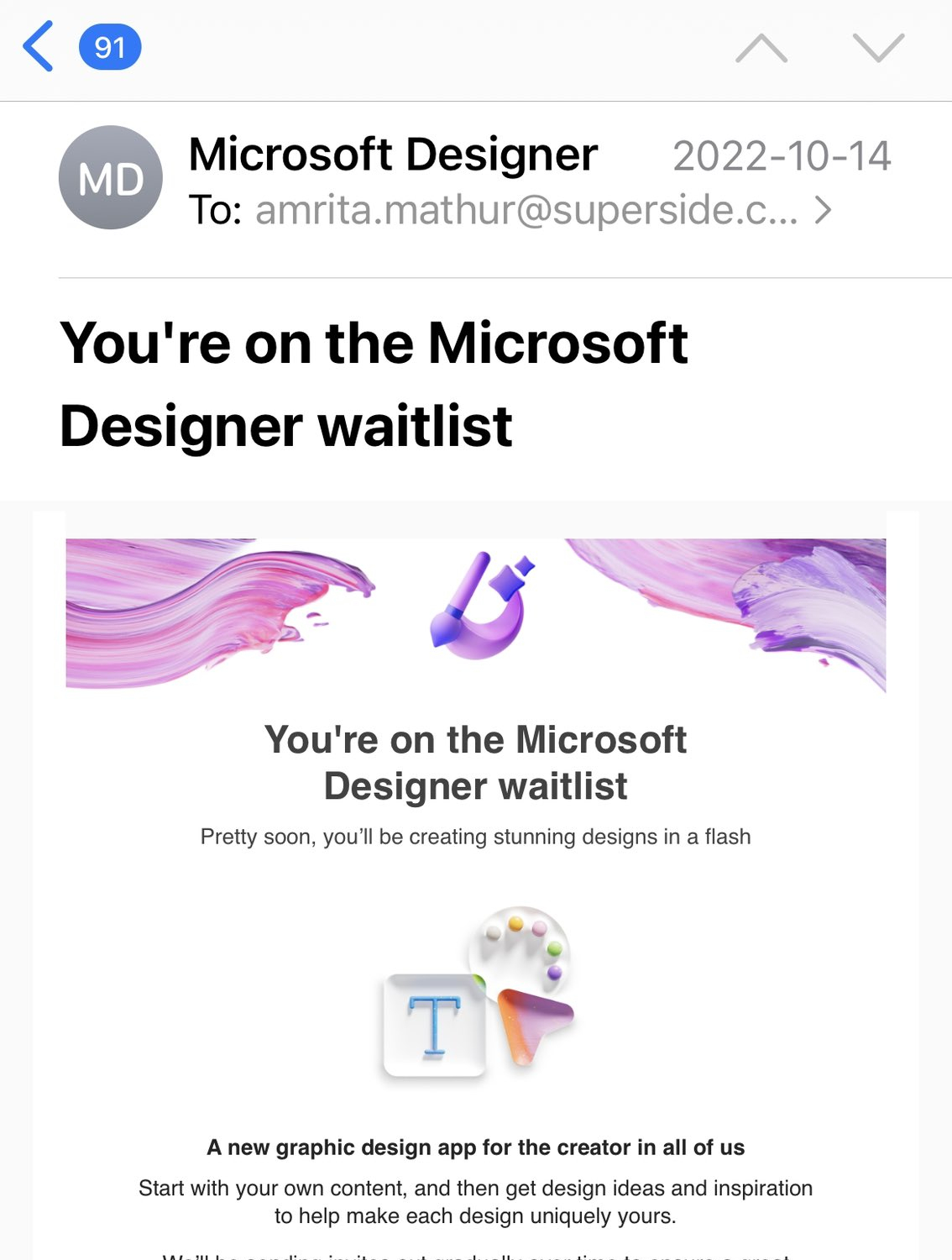 SaaS Waitlist Emails: Screenshot of Microsoft Designer's email for waitlist members
