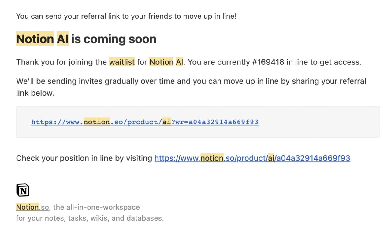 SaaS Waitlist Emails: Screenshot of Notion's first email in their AI campaign.