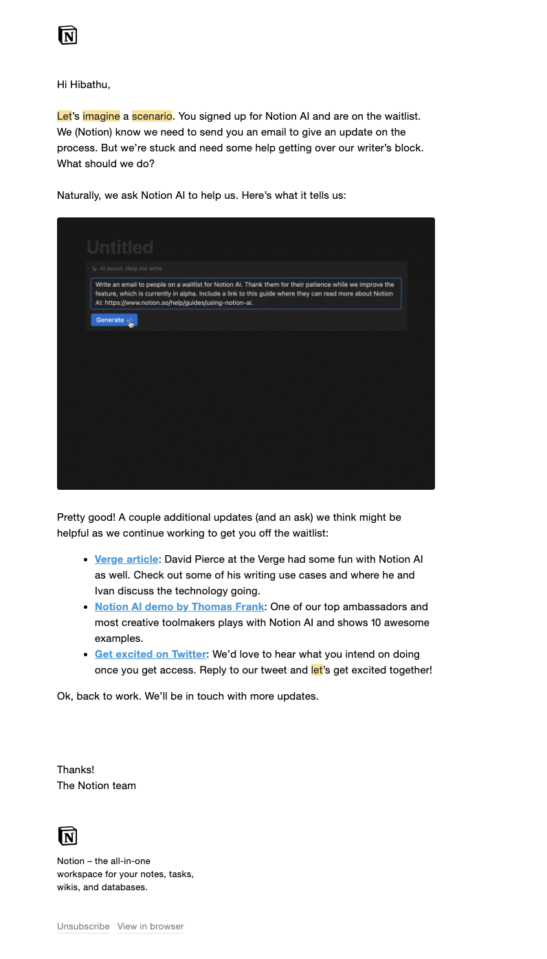 SaaS Waitlist Emails: Screenshot of Notion's email about their waitlist update.