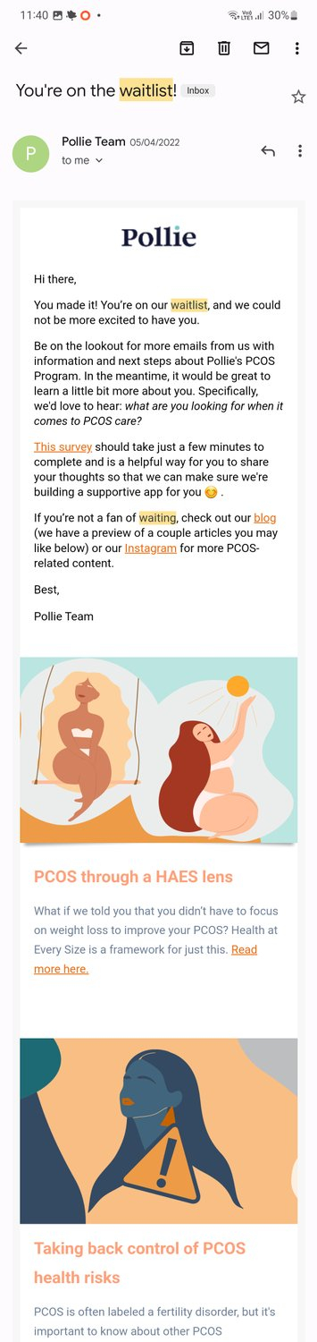 SaaS Waitlist Emails: Screenshot of Pollie's email for waitlist members