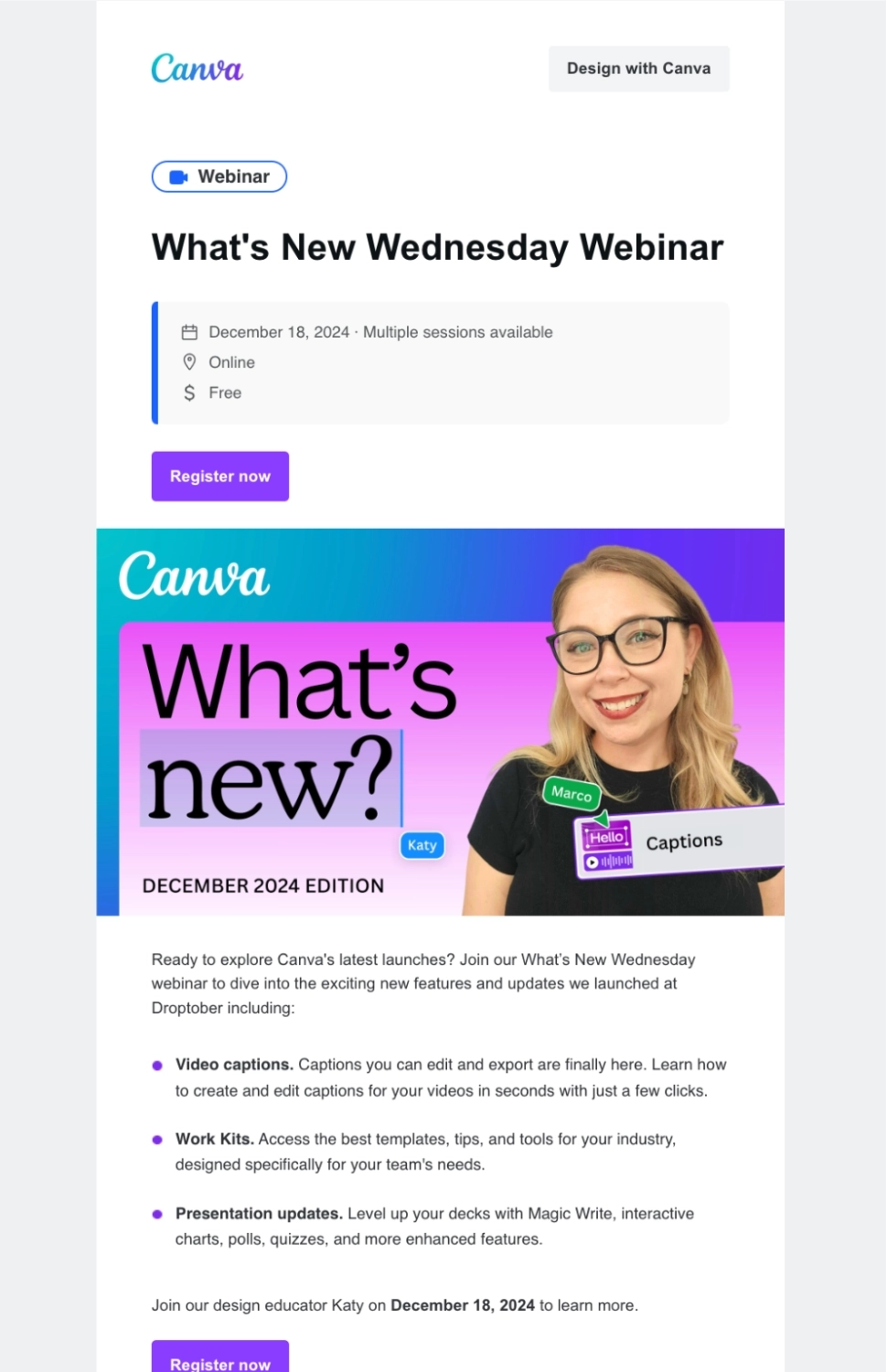SaaS Webinar Emails: Screenshot of Canva's webinar email