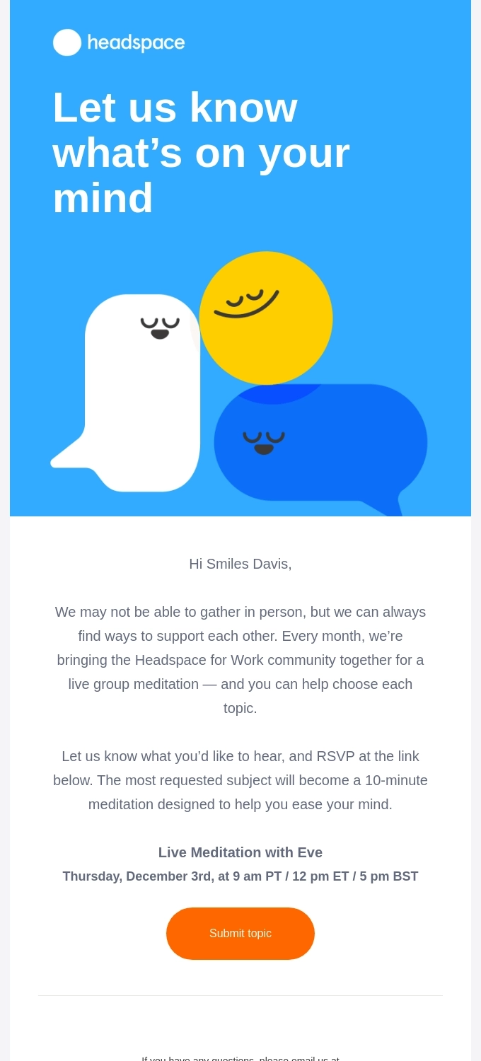 SaaS Webinar Emails: Screenshot of Headspace's webinar email