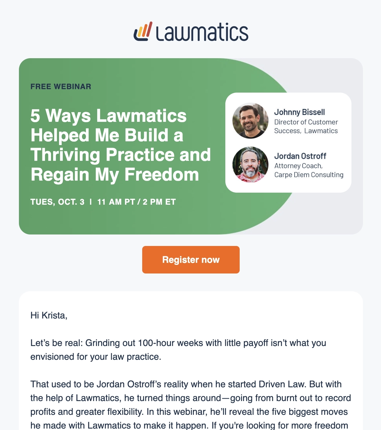 SaaS Webinar Emails: Screenshot of Lawmatics' webinar email