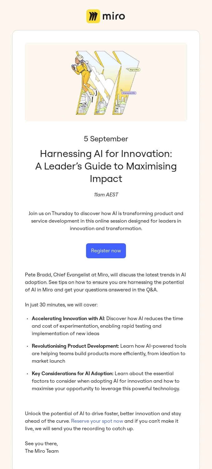 SaaS Webinar Emails: Screenshot of Miro's webinar email