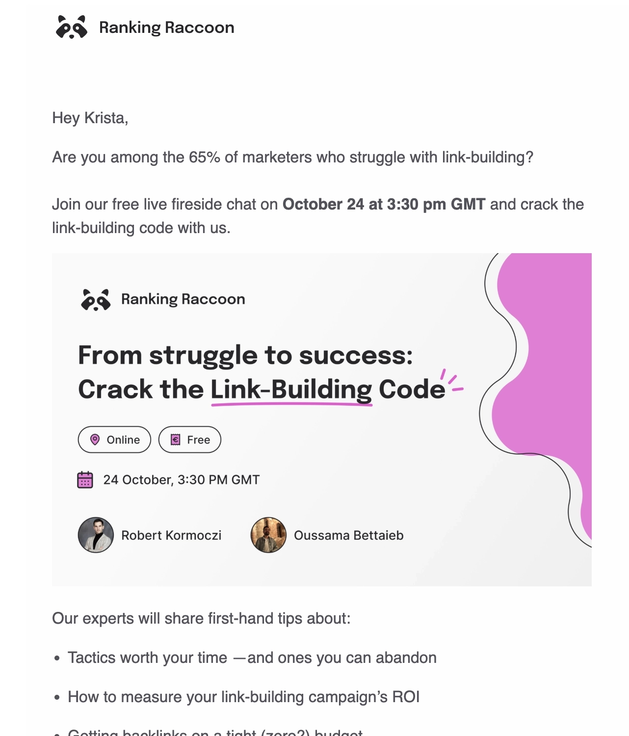 SaaS Webinar Emails: Screenshot of Ranking Raccoon's webinar email