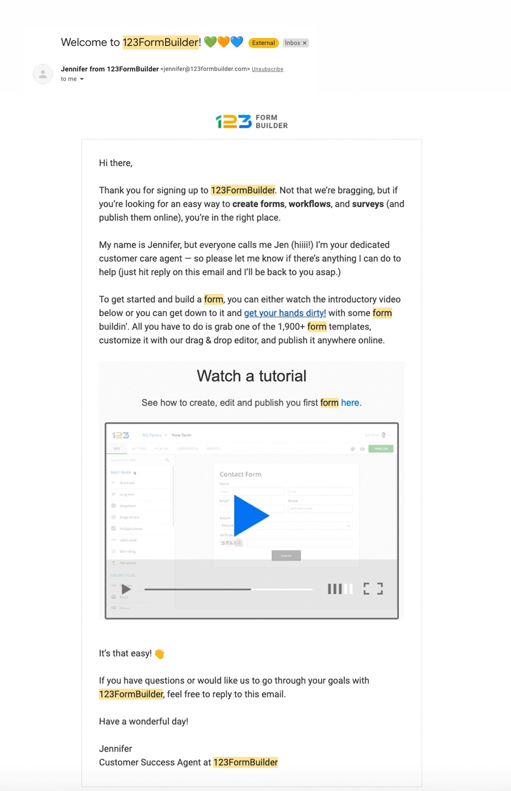 SaaS Welcome Email: Welcome email from 123FormBuilder