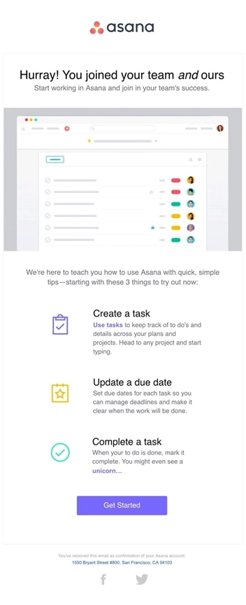 SaaS Welcome Email: Welcome email from Asana