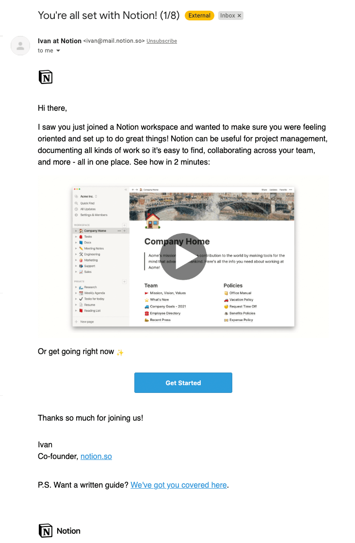 SaaS Welcome Email: Welcome email from Notion