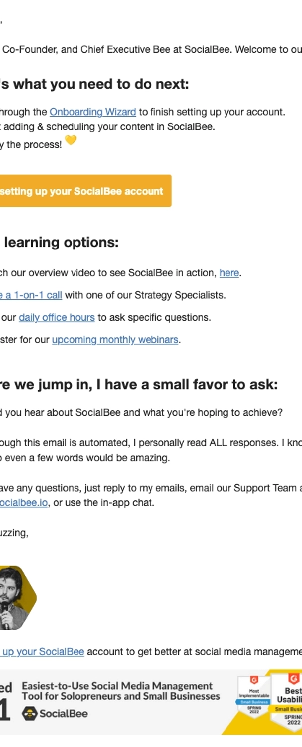 SaaS Welcome Email: Welcome email from SocialBee