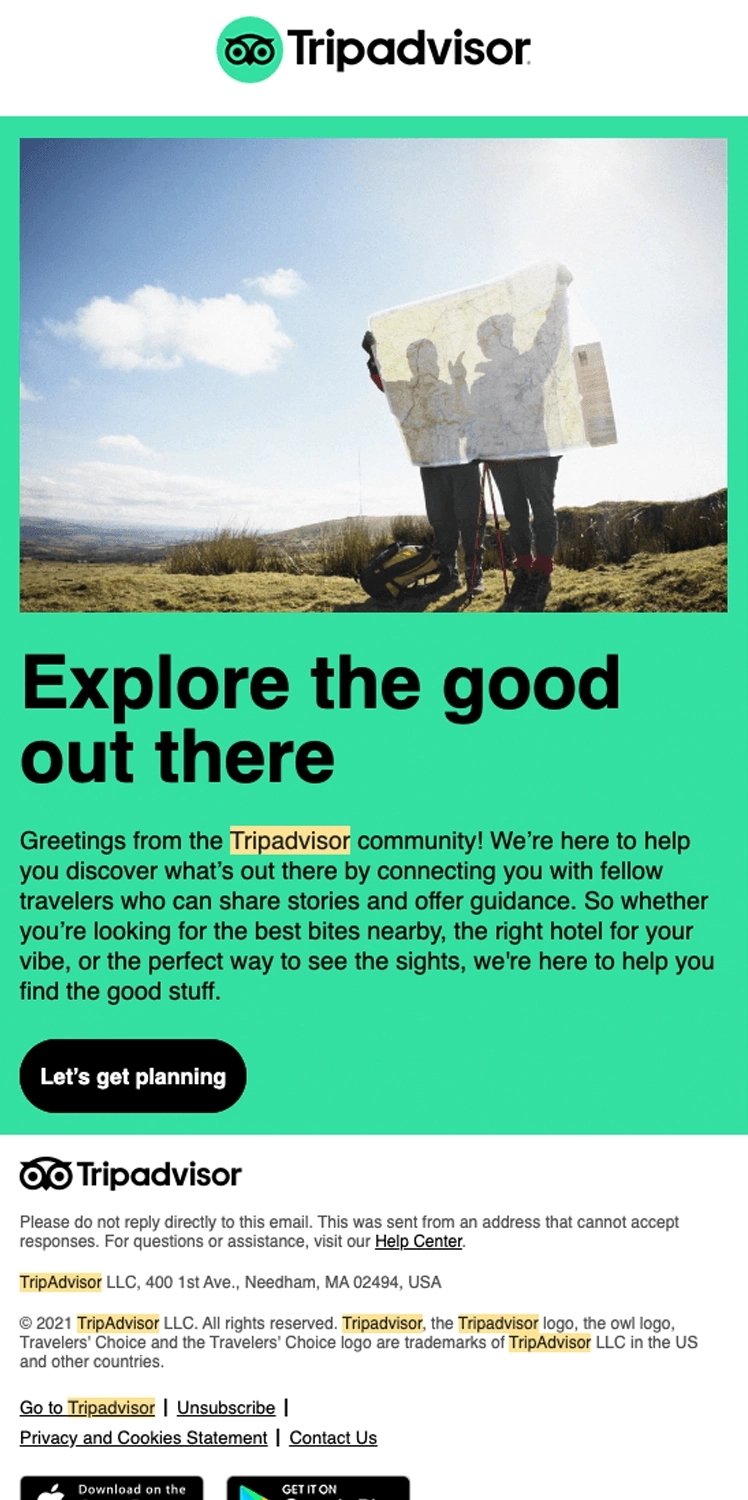 SaaS Welcome Email: Welcome email from Tripadvisor