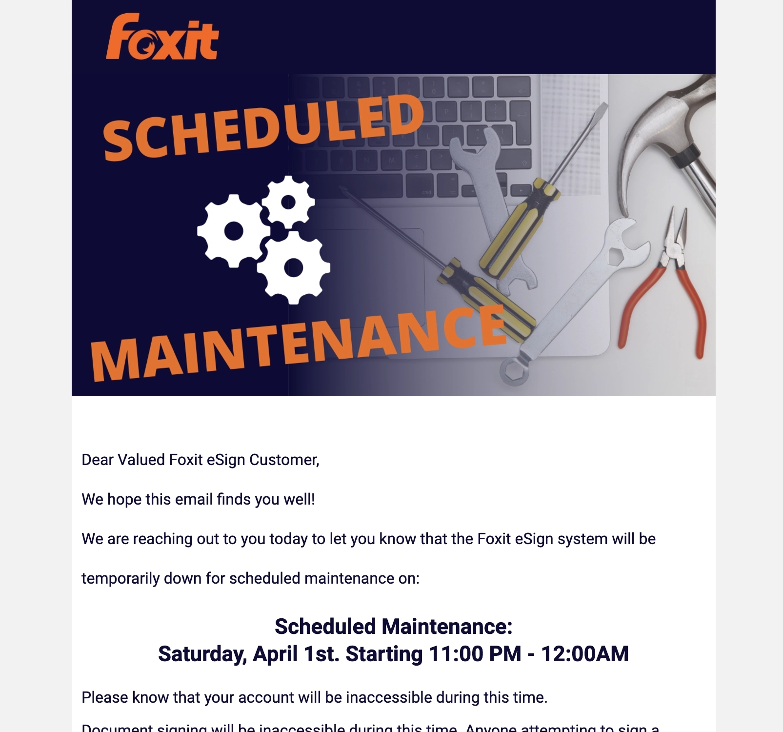 Scheduled Maintenance Emails: Screenshot of Foxit eSign's scheduled maintenance announcement email