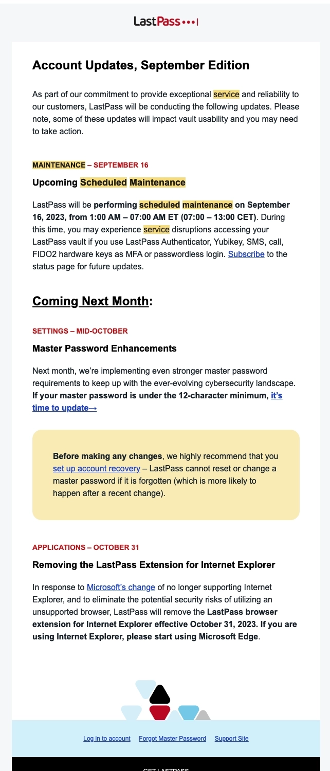 Scheduled Maintenance Emails: Screenshot of LastPass' scheduled maintenance announcement on their monthly update email