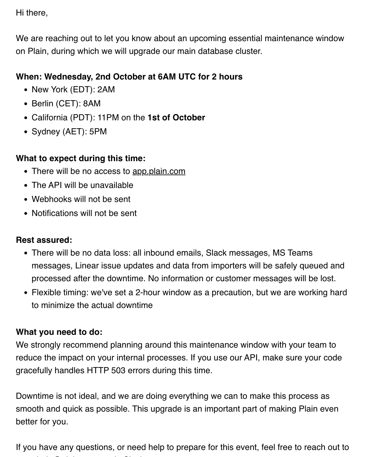Scheduled Maintenance Emails: Screenshot of Plain's scheduled maintenance email