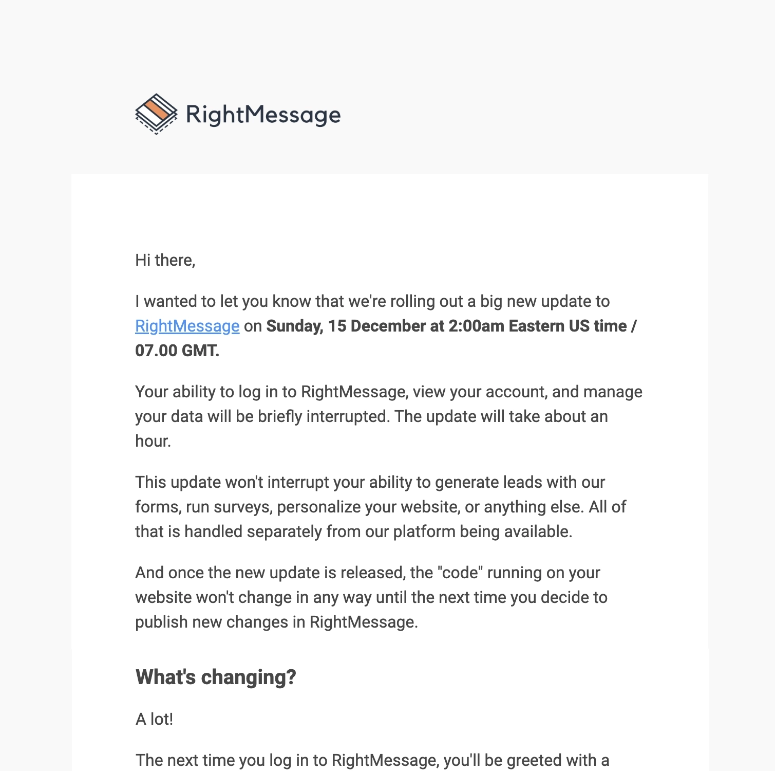Scheduled Maintenance Emails: Screenshot of RightMessage's scheduled maintenance announcement email