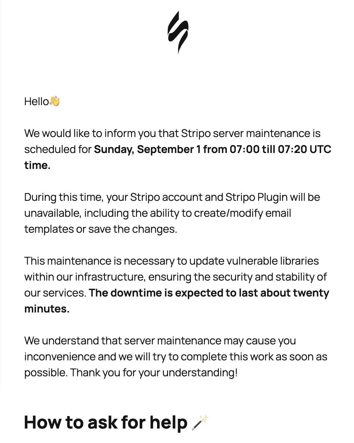 Scheduled Maintenance Emails: Screenshot of Stripo's scheduled maintenance email