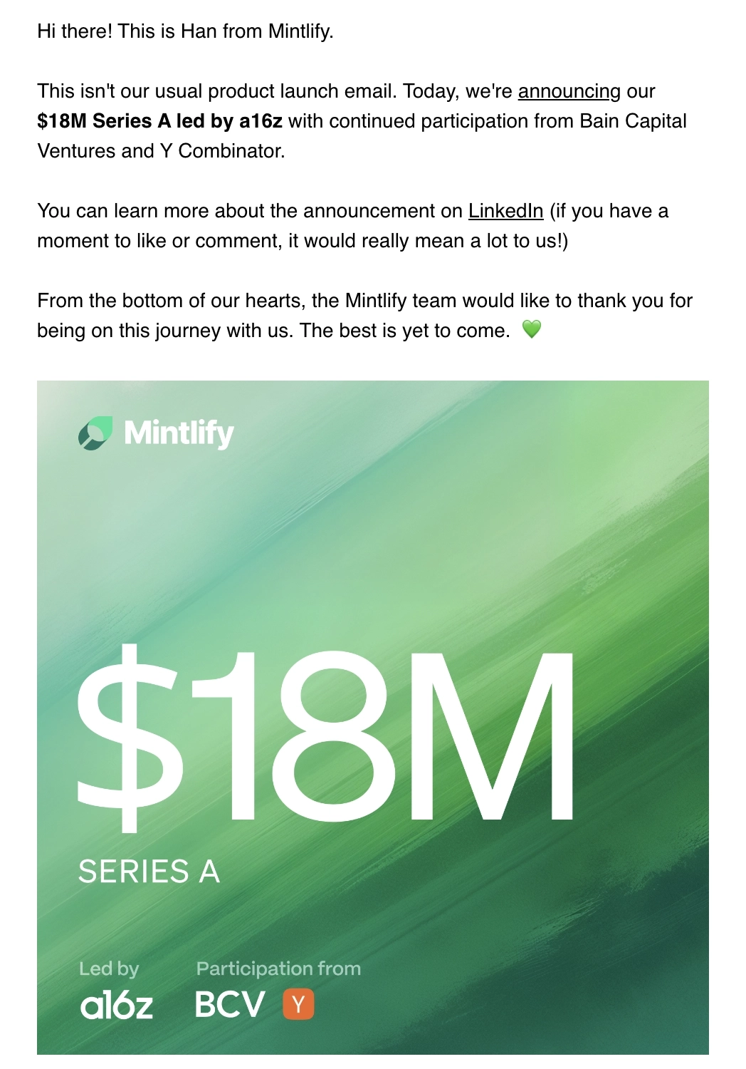 Funding Round Announcement Emails: Screenshot of Mintlify's funding round announcement email