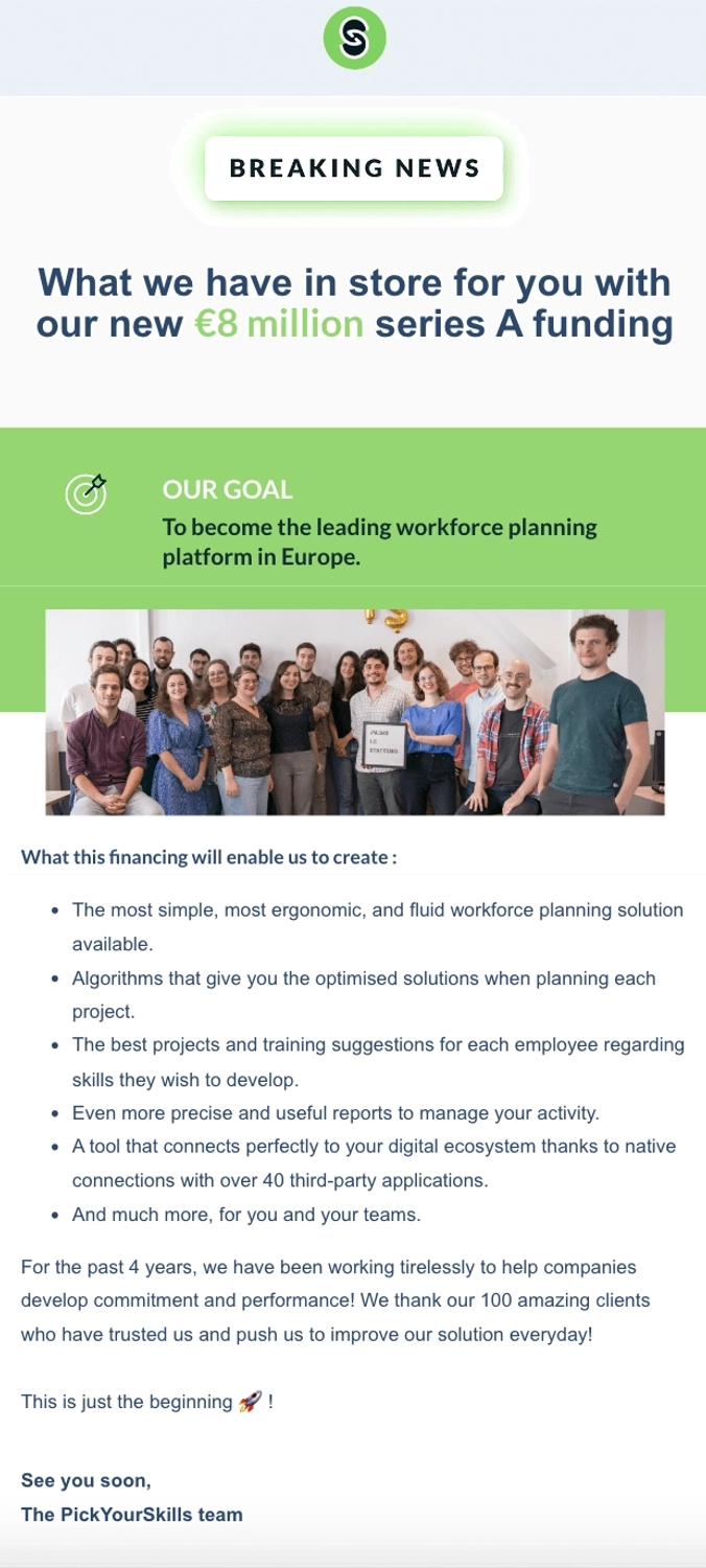 Funding Round Announcement Emails: Screenshot of Napta's funding round announcement email