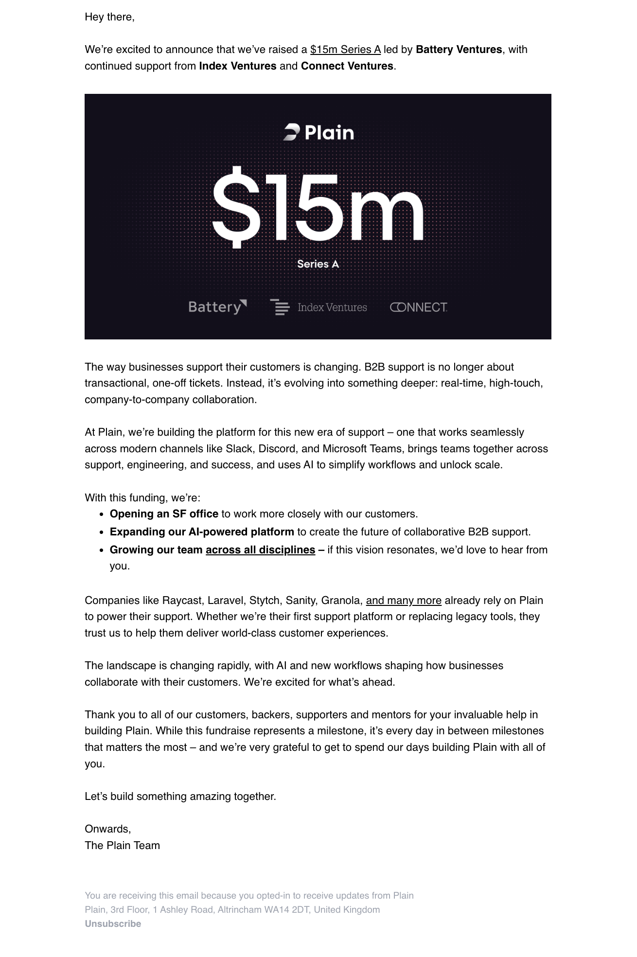 Funding Round Announcement Emails: Screenshot of Plain's funding round announcement email
