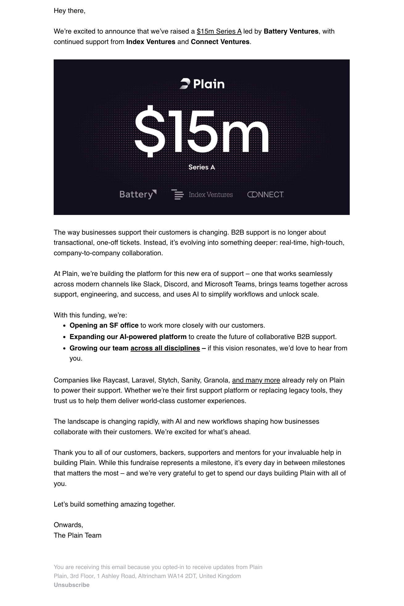 Funding Round Announcement Emails: Screenshot of Plain's funding round announcement email