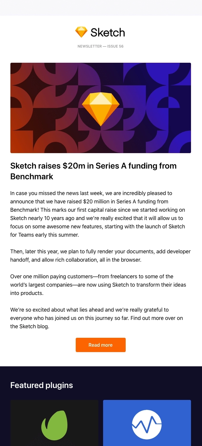 Funding Round Announcement Emails: Screenshot of Sketch's funding round announcement email