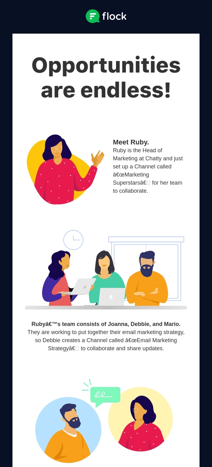 Storytelling in SaaS Emails: Screenshot of Flock's email illustrating how their product can serve multiple use cases