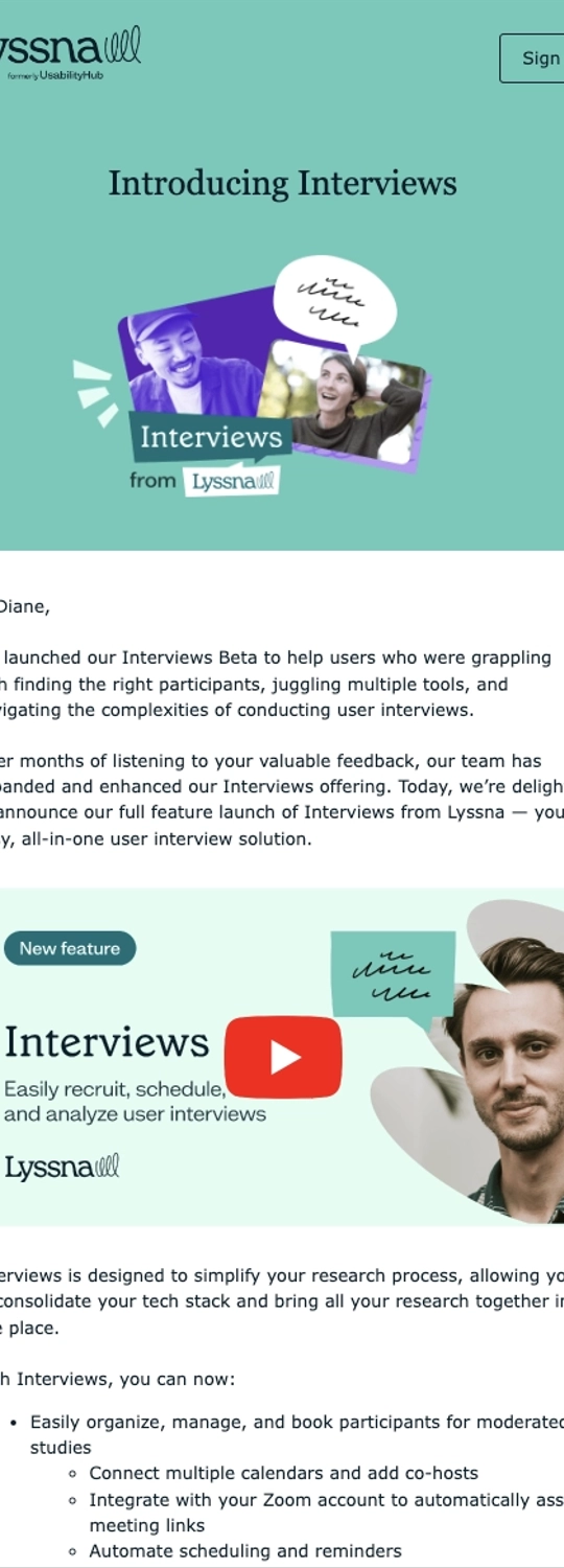 Storytelling in SaaS Emails: Screenshot of Lyssna's email talking about their Interviews feature
