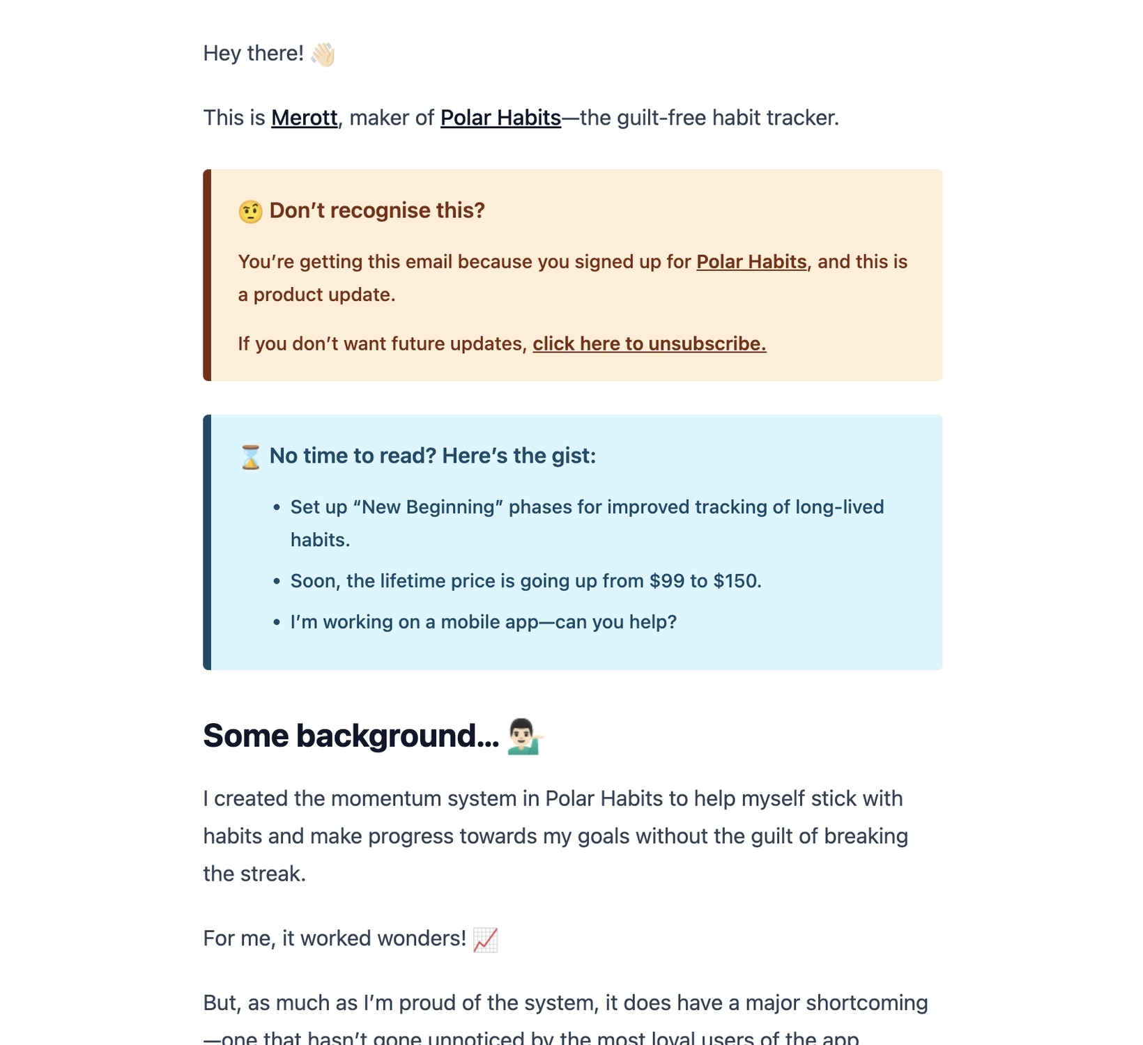 Storytelling in SaaS Emails: Screenshot of Polar Habits' email featuring a customer feedback