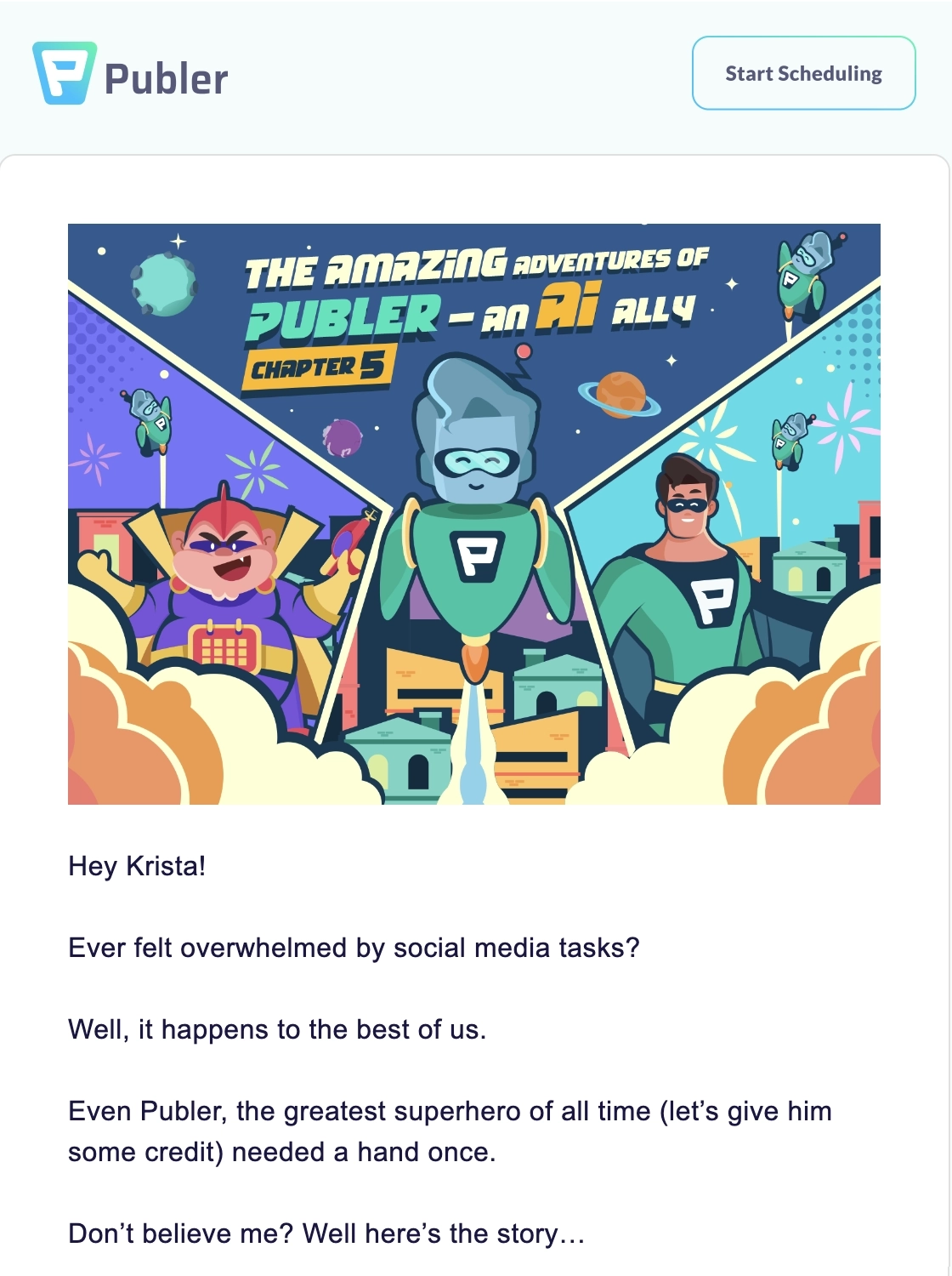 Creative SaaS Emails: Screenshot of Publer's creative email about their AI assist feature