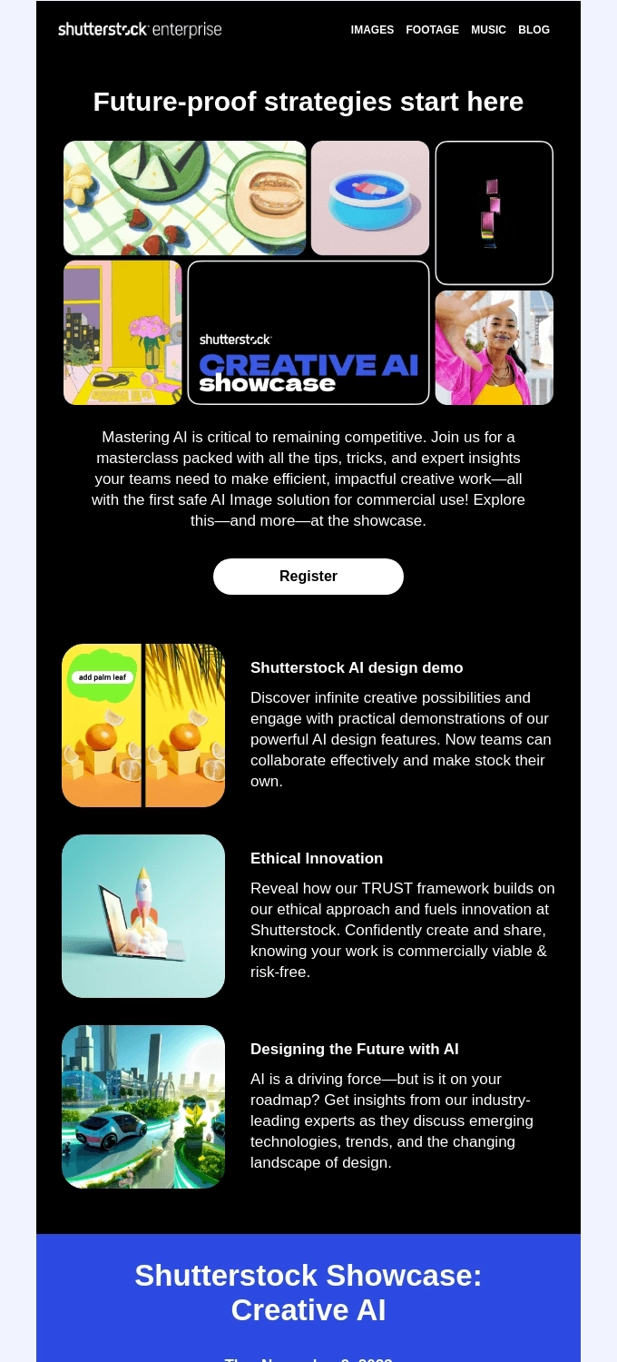 Storytelling in SaaS Emails: Screenshot of Shutterstock's email featuring highlights in their AI showcase