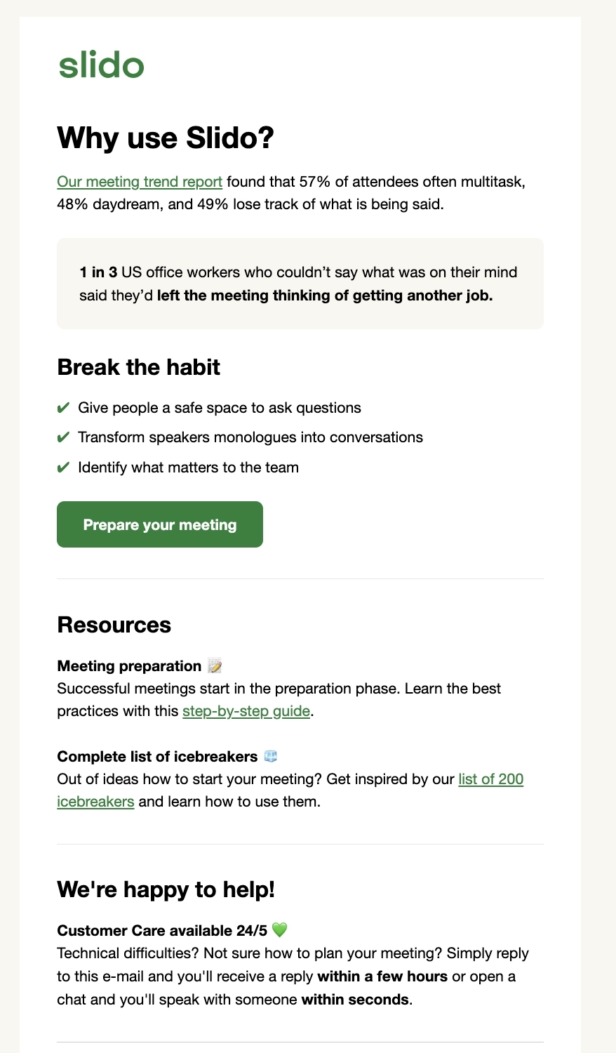 Storytelling in SaaS Emails: Screenshot of Slido's email talking about how their product can help with employee disengagmenet