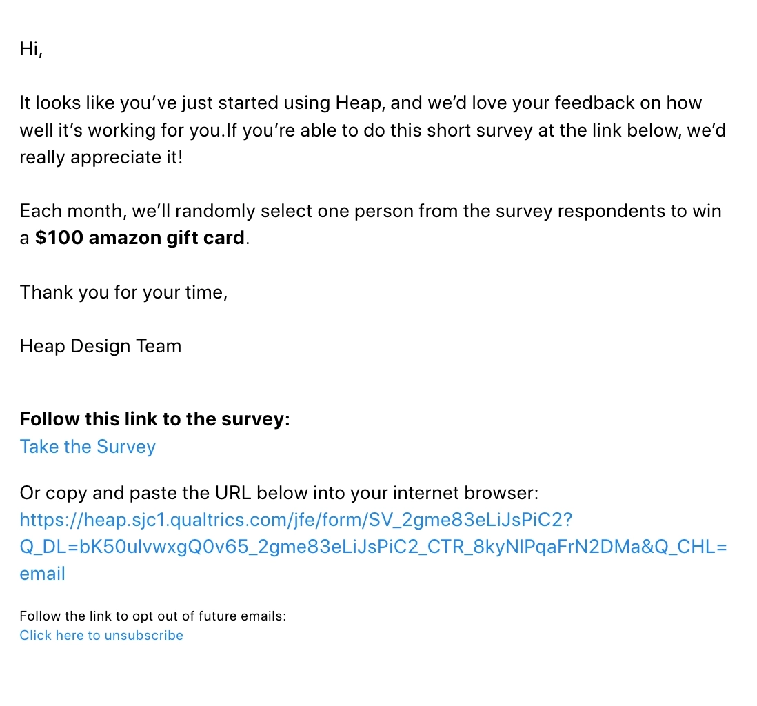Survey Email Examples: Screenshot of Heap's survey email