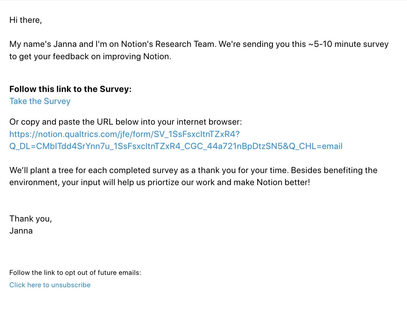 Survey Email Examples: Screenshot of Notion's survey email