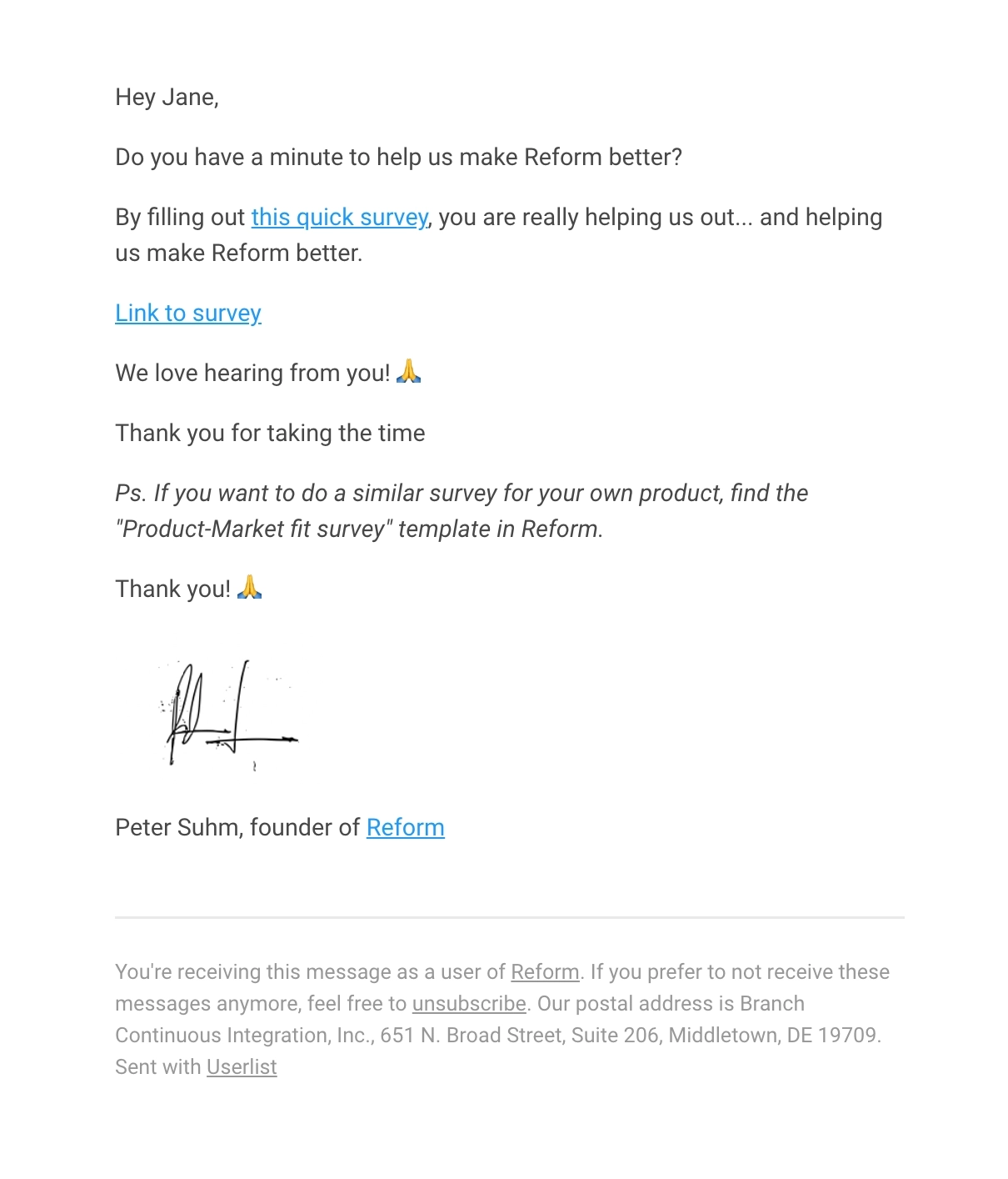 Survey Email Examples: Screenshot of Reform's survey email
