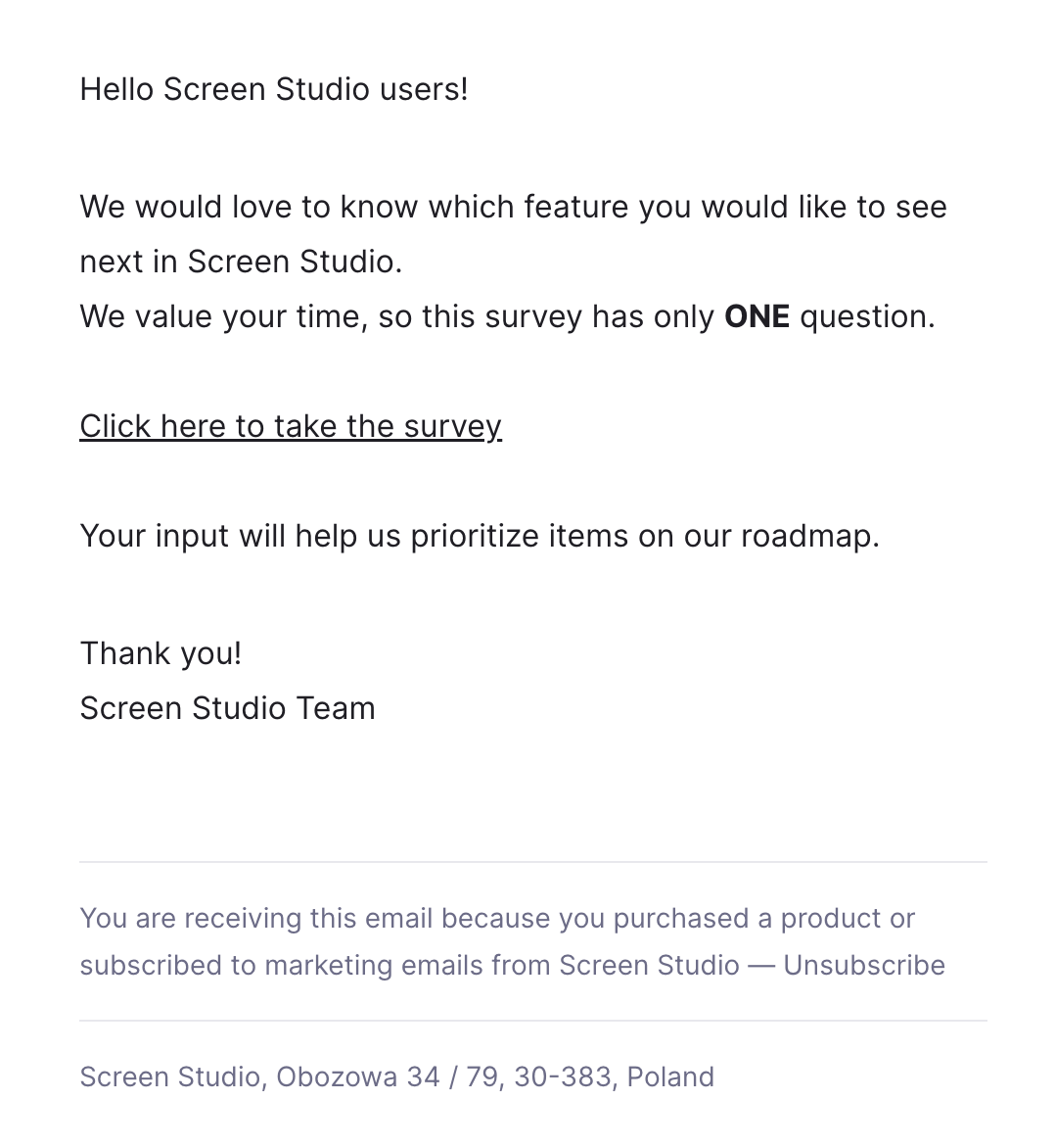 Survey Email Examples: Screenshot of Screen Studio's survey email