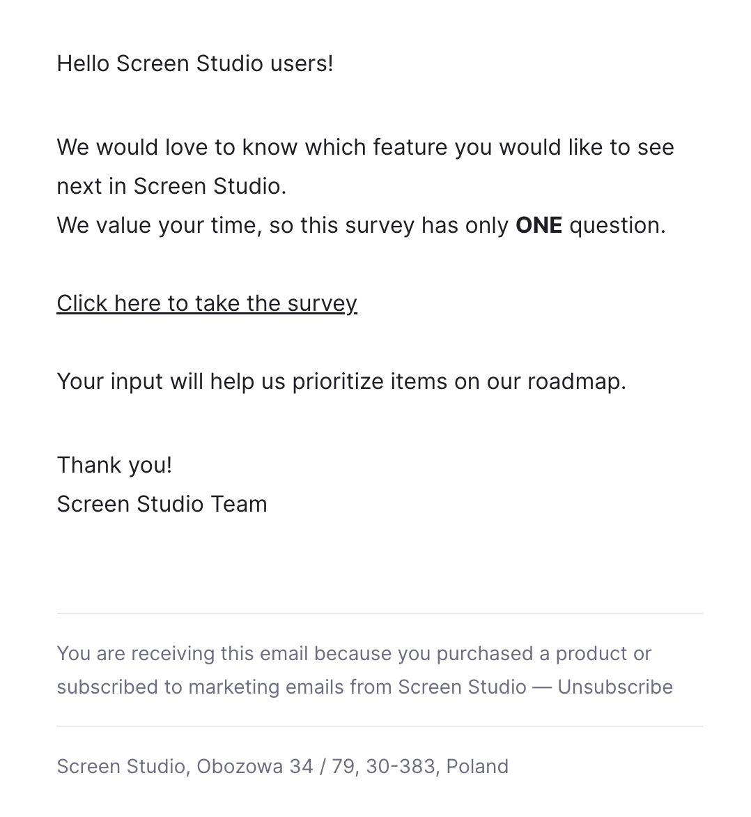 Survey Email Examples: Screenshot of Screen Studio's survey email