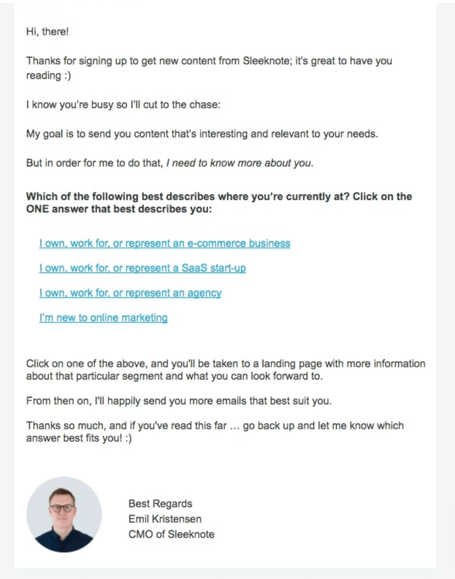 Survey Email Examples: Screenshot of Sleeknote's survey email