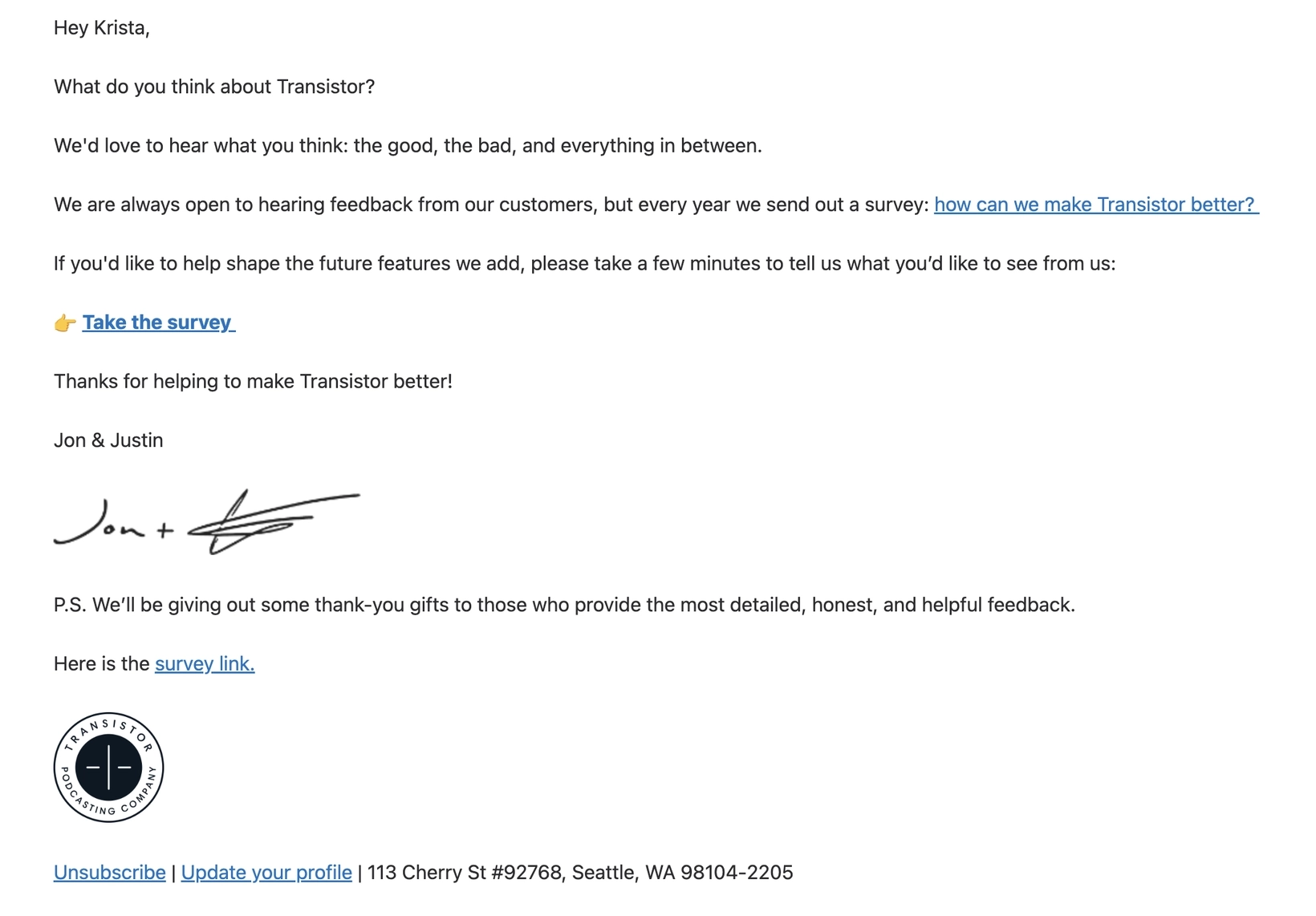 Survey Email Examples: Screenshot of Transistor's survey email