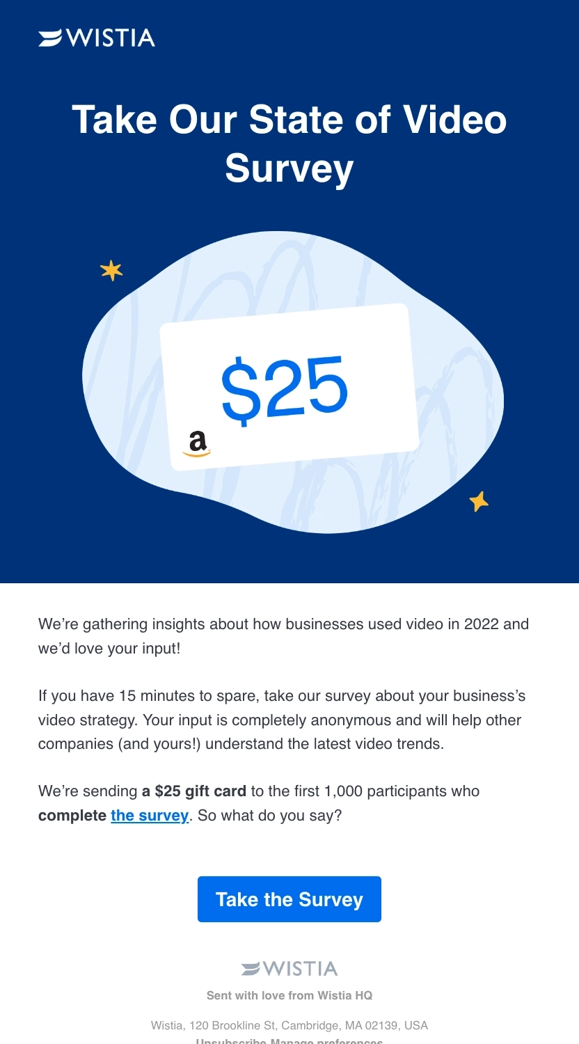 Survey Email Examples: Screenshot of Wistia's survey email