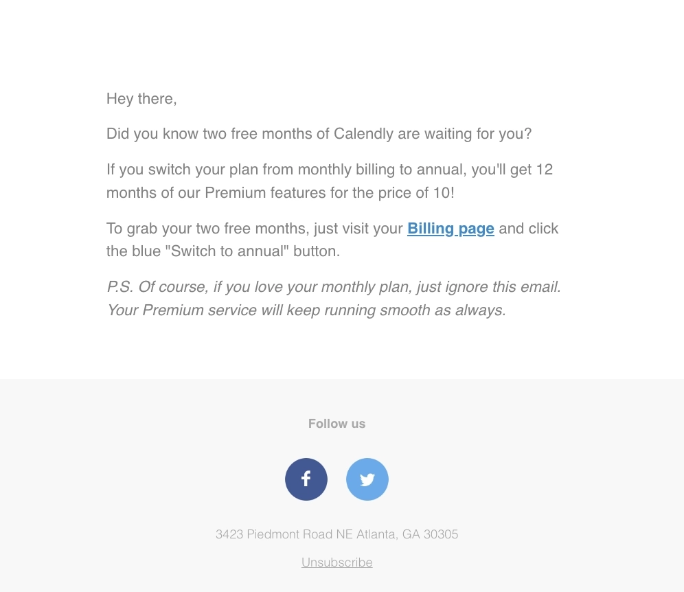 Switch from Monthly to Annual Billing Emails: Screenshot of Calendly's email