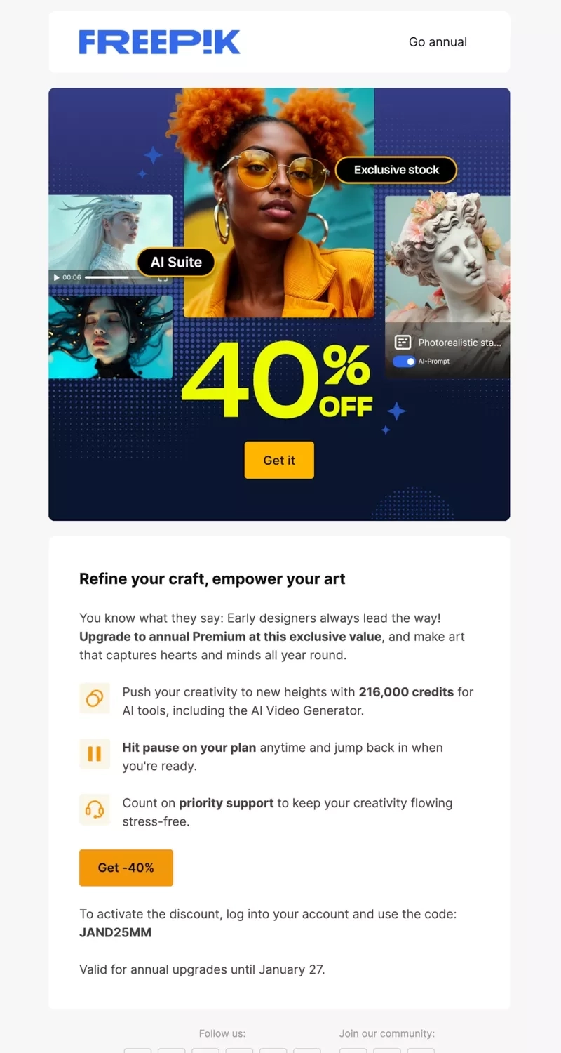 Switch from Monthly to Annual Billing Emails: Screenshot of Freepik's email