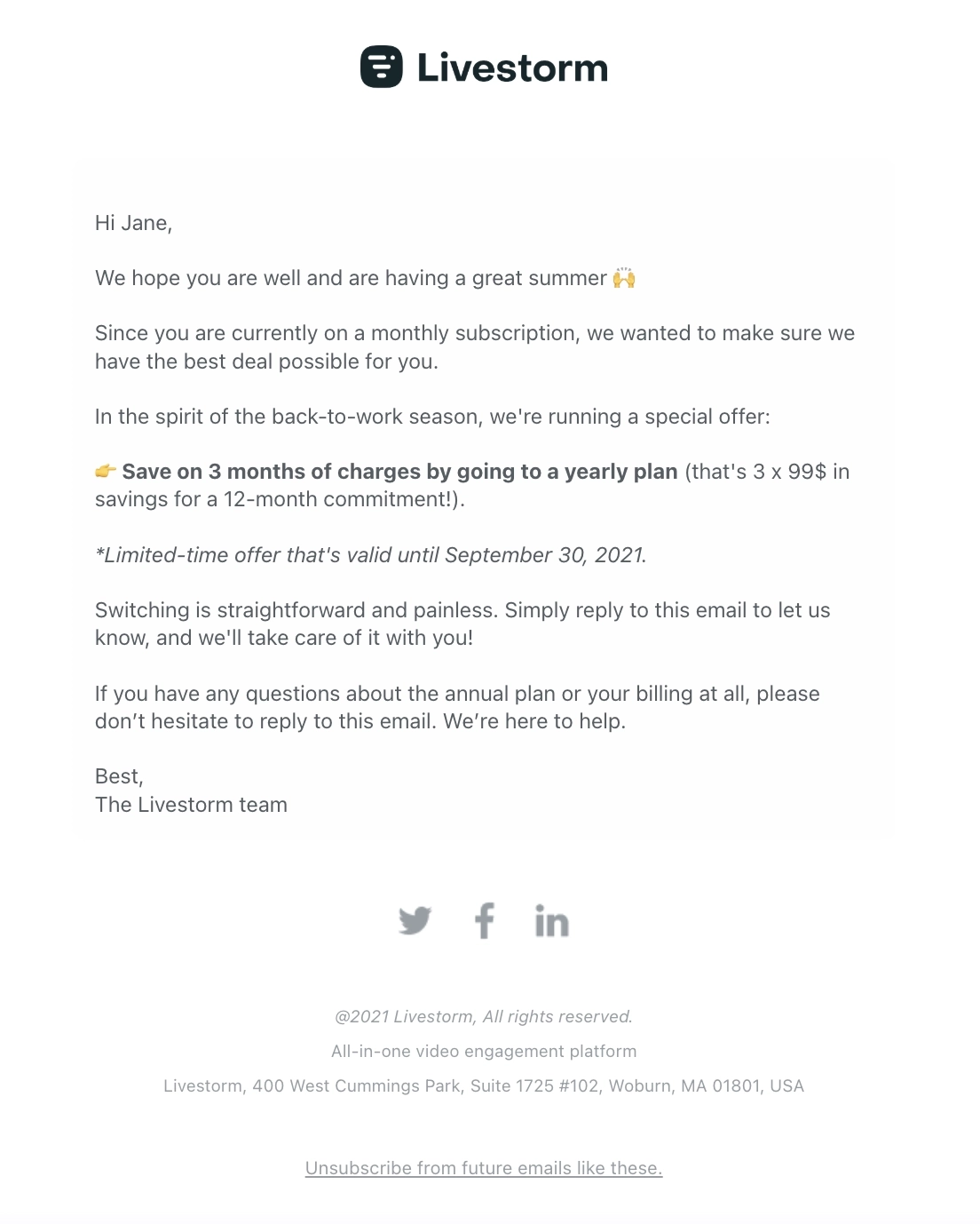 Switch from Monthly to Annual Billing Emails: Screenshot of Livestorm's email for back-to-work season