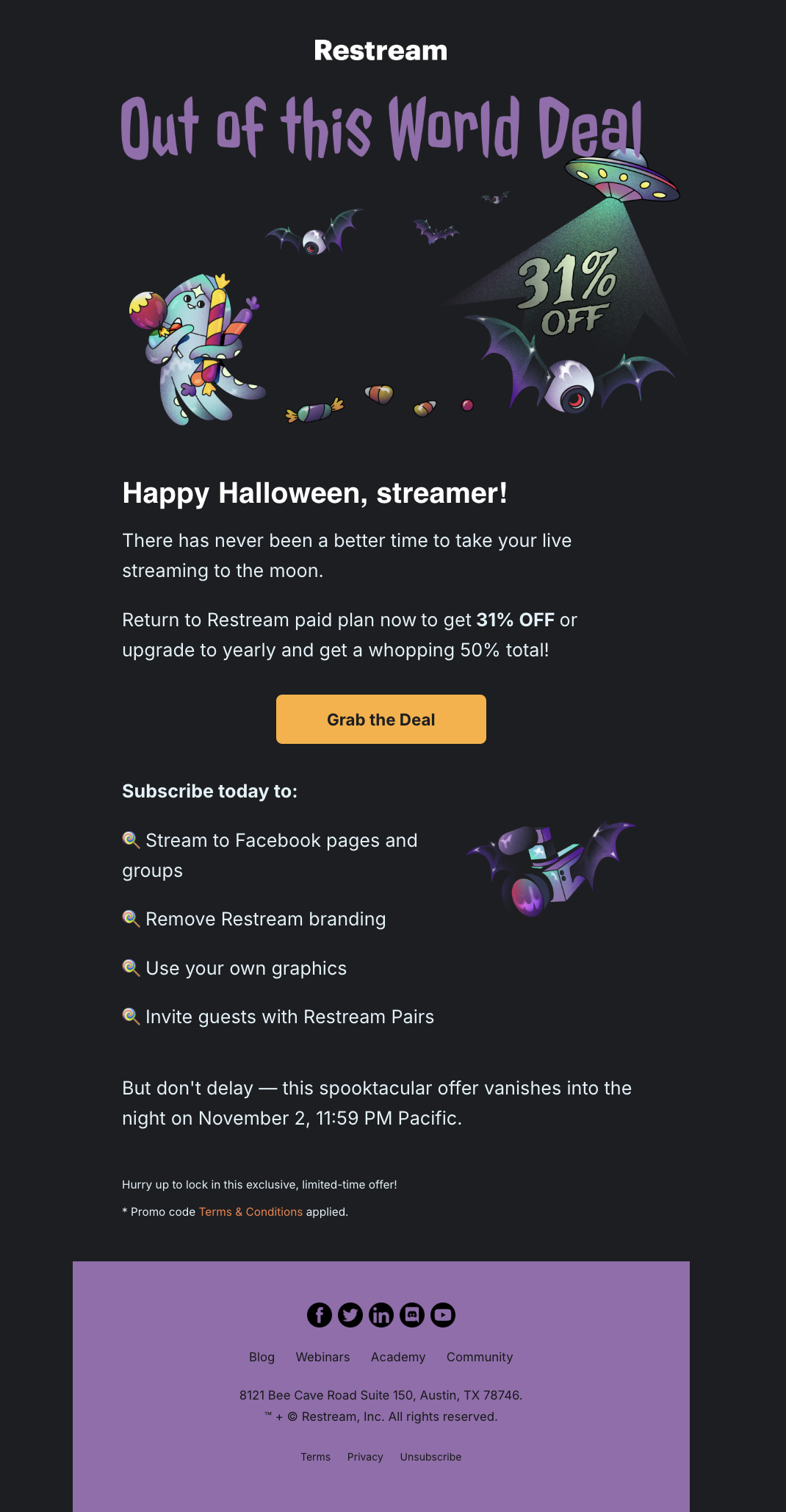 Switch from Monthly to Annual Billing Emails: Screenshot of Restream's promo email