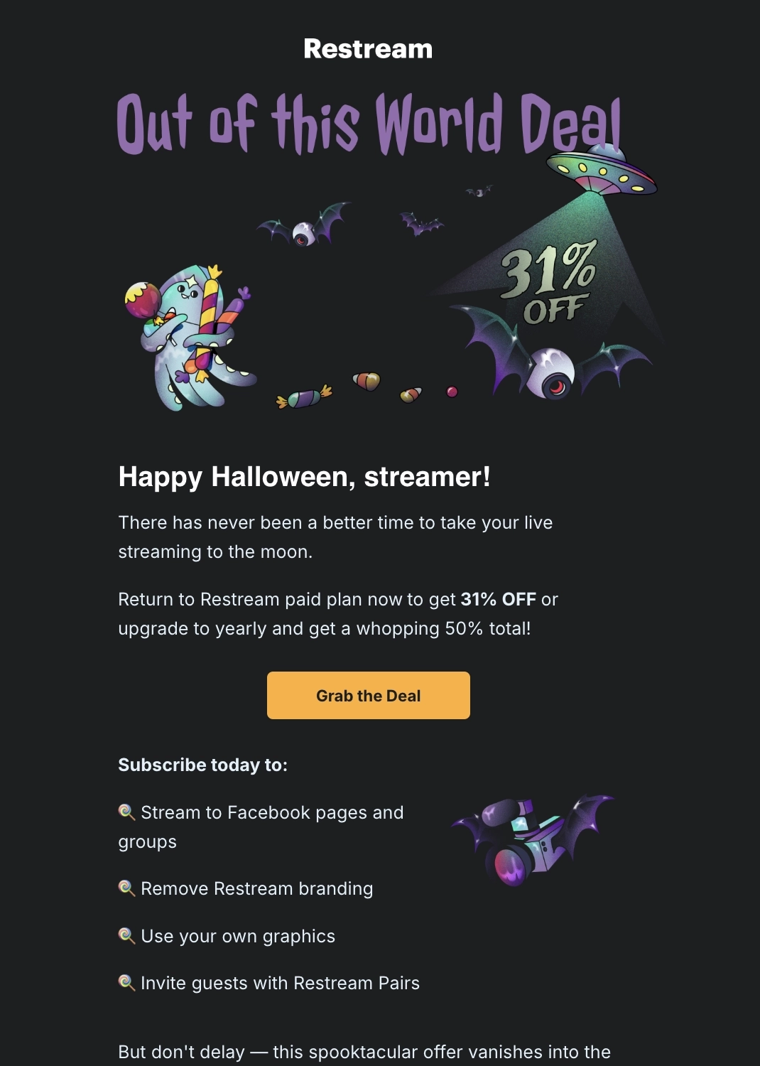 Switch from Monthly to Annual Billing Emails: Screenshot of Restream's promo email